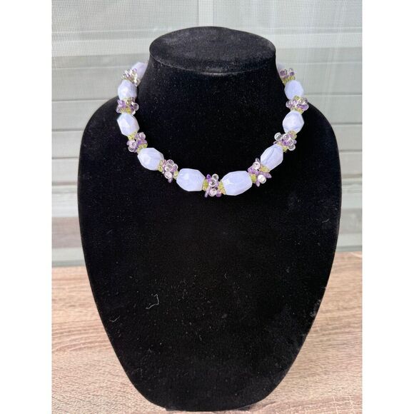 Vintage Madewell Blue Lace Agate Necklace Faceted Gemstone Sterling Silver Clasp - Picture 3 of 5